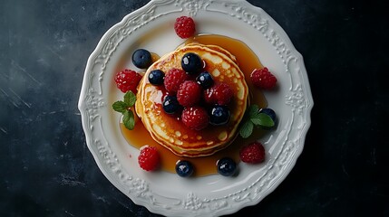 Delicious Pancakes with Berries and Syrup on a White Plate