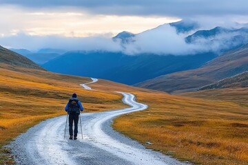 A man at a crossroads in a mountainous landscape, choosing between two different paths in nature
