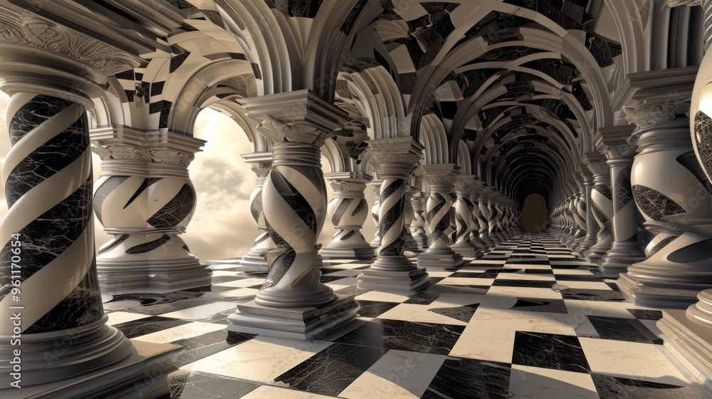 Poster A mesmerizing, infinite corridor of twisting, ornate columns and a checkerboard floor stretches into the distance. The surreal architecture and repeating patterns create a visually captivating and