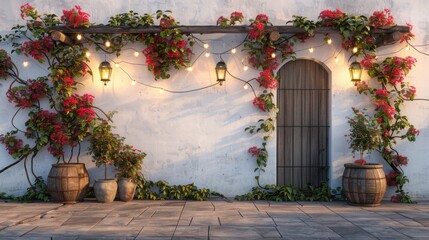 Fototapeta premium Glossy white wall, outdoor setting, hanging lights and red-green balls, warm natural light, rustic warmth.
