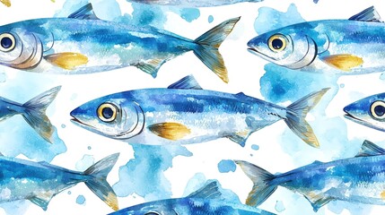 Watercolor illustration of vibrant blue fish in ocean-inspired hues on a white background.