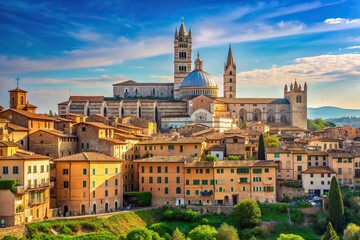 Fototapeta premium panorama, hilltop, Italiatown, historic center, famous place, traditional, skyline, European, architecture, Panorama of Siena with the cathedral on the background at a tilted angle