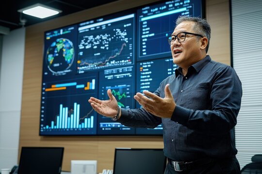 A professional Asian man presenting detailed financial data on a large screen during a business presentation
