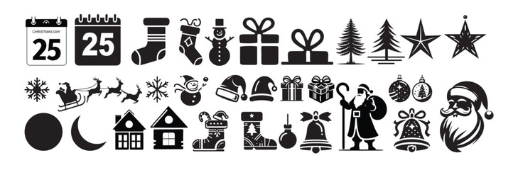 Festive vector Christmas icon set of elements silhouettes of pine trees Santa hats snowflakes stars reindeer ornaments and gifts boxs. Includes angels bells snowmen and holiday symbols flat desig