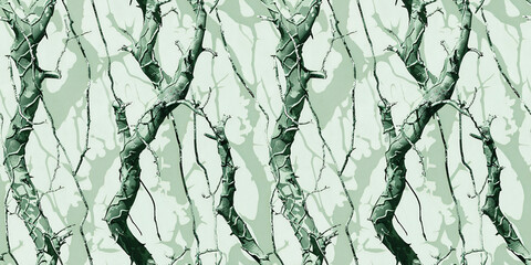 Abstract camouflage pattern with green and white, featuring branches and tree patterns, resembling nature with an artistic style.
