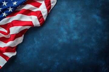 Obraz premium Part of the American flag is on a dark blue background with copy space for text. Top view. Close-up photo with generative ai