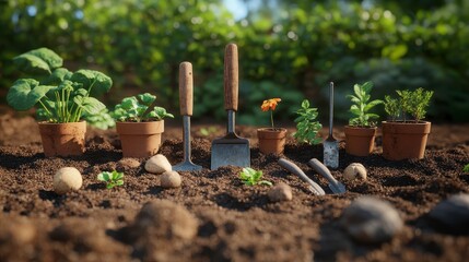 Organic gardening tools, set on soil background, 3D illustration