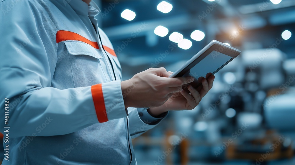 Poster industrial technician using tablet: a close-up shot of a technician in a factory setting, using a ta