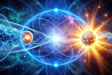 Fototapeta premium omenon of inverse Compton scattering also known as the Compton effect showing the interaction between a high energy photon and an electron resulting in a change in direction and energy of the photon