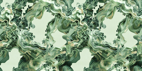 Green swirls and waves create a seamless pattern on a digitally abstract background.