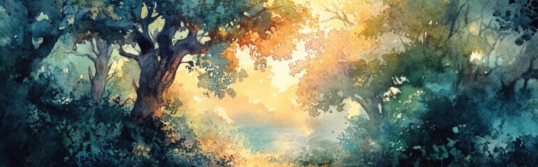 Serene Forest Landscape in Watercolor: A Tranquil Nature Escape Illuminated by Soft Sunlight