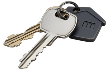 Gray House Keys with Keychain, Detailed View. Closeup keychains with alpha channel. Transparent. Cut-Out.