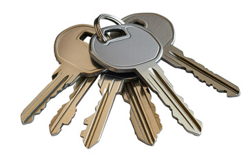 Gray House Keys with Keychain, Detailed View. Closeup keychains with alpha channel. Transparent. Cut-Out.