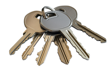 Gray House Keys with Keychain, Detailed View. Closeup keychains with alpha channel. Transparent. Cut-Out.