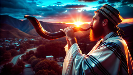 Portrait of an adult orthodox Jewish man blow Shofar outdoors isolated on sunset background, on the Jewish High Holidays in Rosh Hashanah and Yom Kippur