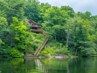 Scenic Lakeside Cabin with Staircase Leading to Dock, Peaceful Forest Setting
