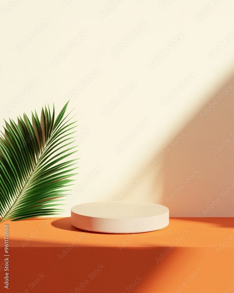 Poster minimalist green podium on burnt orange surface with palm leaf and sharp shadows