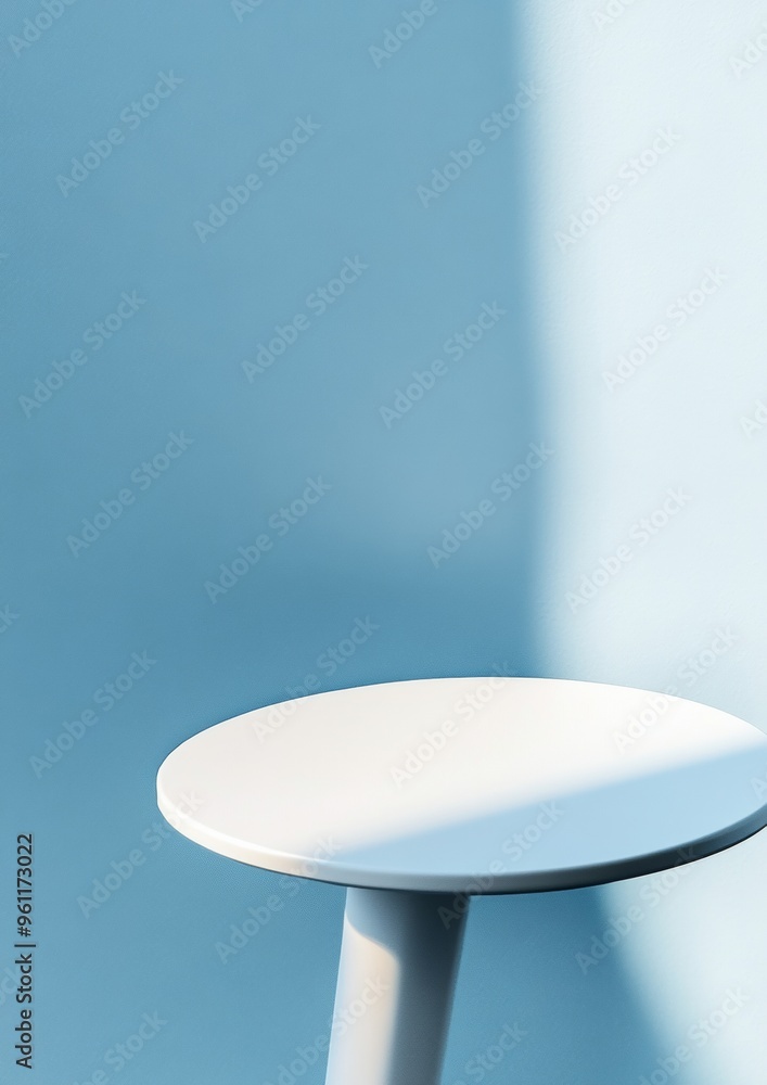 Poster minimalist pastel blue glass table with bokeh background and diffused lighting