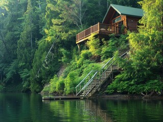 Obraz premium Lakeside Cabin with Wooden Staircase and Dock, Surrounded by Lush Greenery 