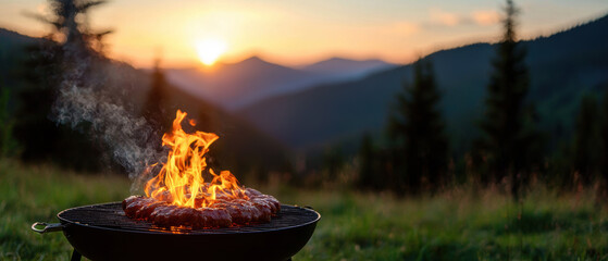 Fire pit grill in a natural park with meats cooking, smoke rising against a mountain view, fire pit grill, natural park, Labor Day camping barbecue