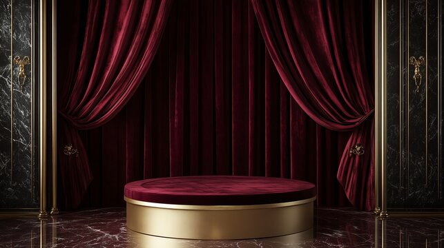 Fototapeta Red velvet curtains and gold podium.