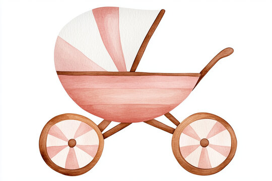 recommend clip art: Watercolor clipart of baby stroller in soft pink, featuring charming design with wooden wheels. Perfect for baby related themes and celebrations.