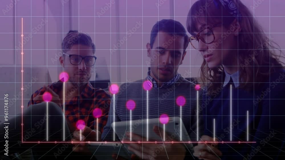 Aufkleber analyzing data on tablet, business team with graph animation overlaid