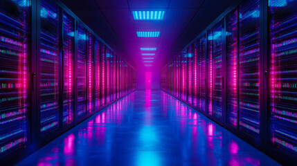Futuristic Data Storage Facility Corridor with Blue and Purple LED Lights Between High-Speed Computing Servers - Internet and Cloud Services Concept