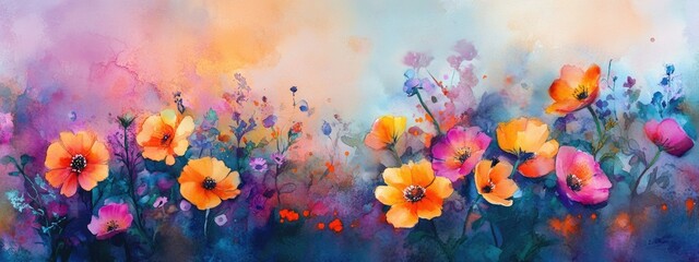 A Lush Watercolor Garden: Vibrant Floral blooms in a Dreamy Landscape