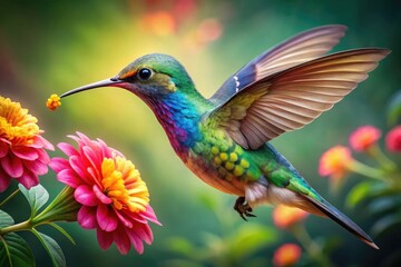 Colorful Hummingbird Sipping Nectar From A Vibrant Flower, Creating An Enchanting Tattoo Design Brimming With Nature'S Beauty.