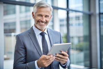 Portrait of businessman smiling while using tablet in office