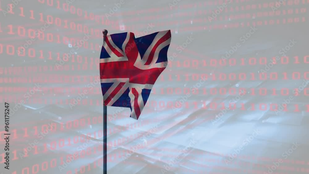 Poster binary code animation over waving united kingdom flag