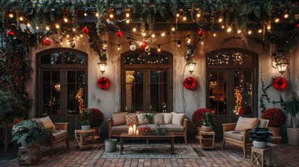 Fototapeta premium Refined grey wall, outdoor setting, elegant lights and red-green balls, gentle natural lighting, serene setting.