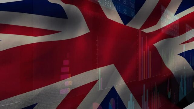 Union Jack flag with financial data processing animation over stock market charts - Powered by Adobe