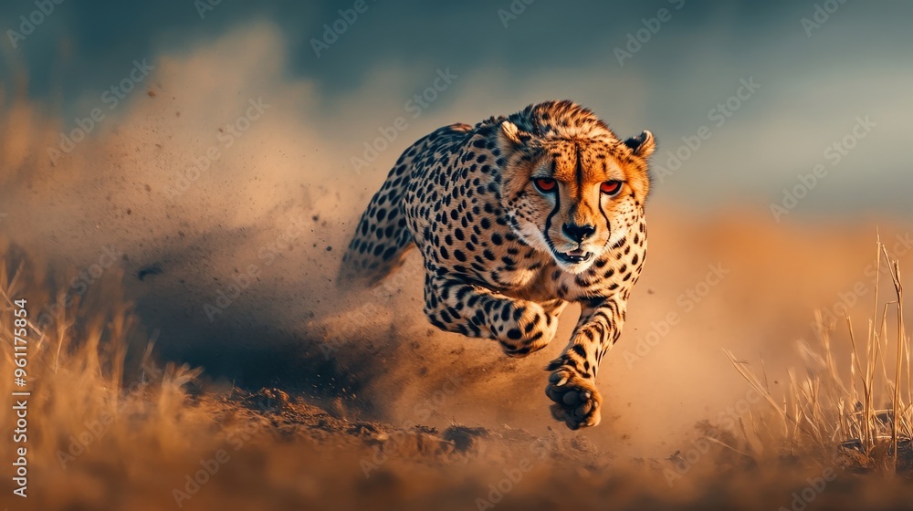 Poster a cheetah is running through the desert, kicking up sand as it goes. the scene is dynamic and full o
