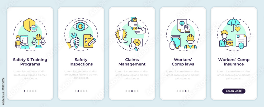 Wall mural Workplace safety onboarding mobile app screen. Walkthrough 5 steps editable graphic instructions with linear concepts. UI, UX, GUI template. Montserrat SemiBold, Regular fonts used