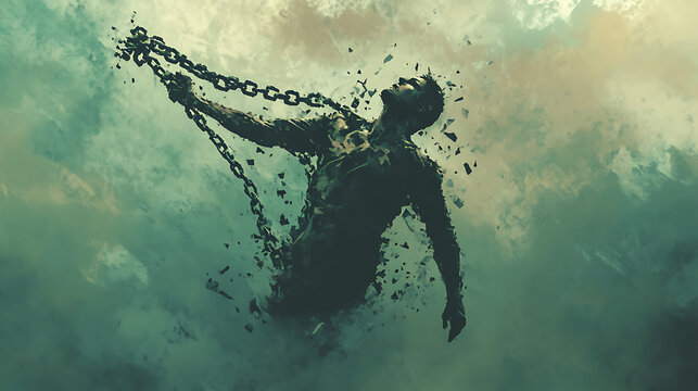 An artistic representation of a man breaking free from chains, symbolizing liberation from old habits and the strength to overcome challenges.