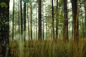 Obraz premium Enigmatic Forest Scene with Misty Undergrowth and Pine Trees