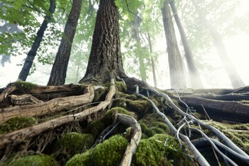 Enchanting Sunlit Forest with Lush Moss-Covered Tree Roots