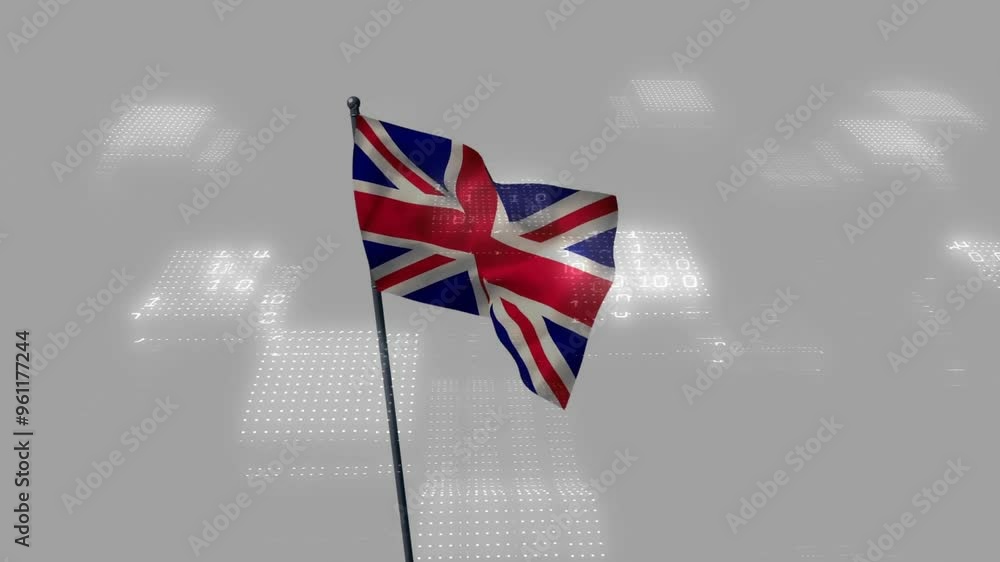 Poster union jack flag waving over digital data processing animation