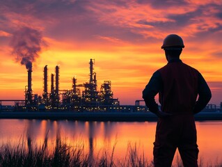 Fototapeta premium Male employee in overalls stands looking at gas industry, gas flares, work engineers day celebration, gas industry day.