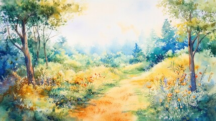 Tranquil Watercolor Landscape with Lush Greenery and Vibrant Flowers