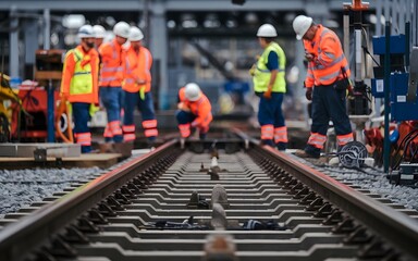 A focused view on railway tracks with a blurred background of railroad workers in high visibility clothing inspecting the site 