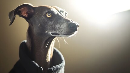 Surreal Portrait of a Fashionable Greyhound Dog in Classic Outfit Against Soft Blurred Background
