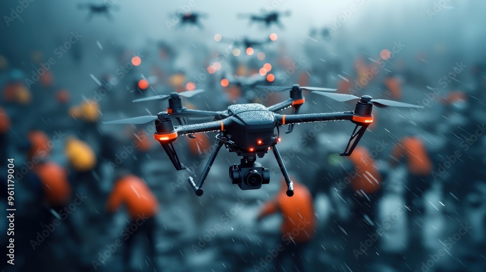 Poster drone helping to evacuate people from a dangerous situation using voice commands