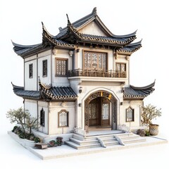 Fototapeta premium Adorable Chinese-style villa, 3D clay art technique, game-inspired architectural render, pristine white backdrop, high vantage point side view, detailed and charming design