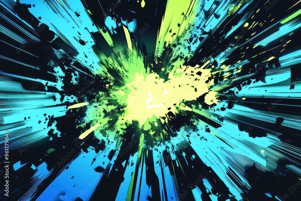 Poster a vibrant explosion of colors with dynamic lines and splashes, evoking energy and motion.