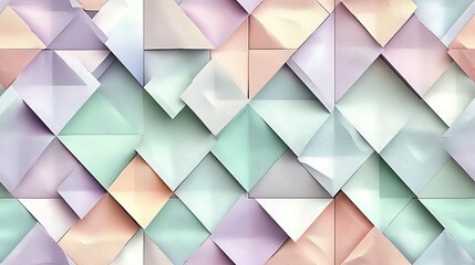 Fototapeta premium A pastel geometric pattern of symmetrical triangles and squares in light lavender, mint green, and blush pink, arranged in a seamless, calming design on a white backdrop --ar 16:9 --no logo --tile