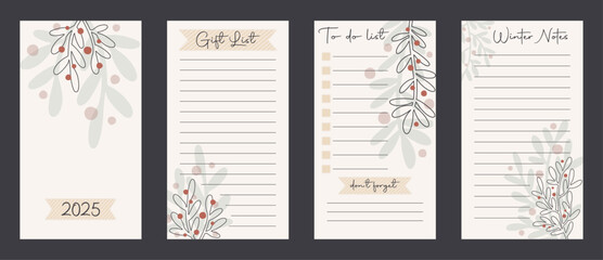 Organic art new year 2025 resolutions, to do list, gift list and notes planner page templates, winter holidays layout set © drosostalitsa