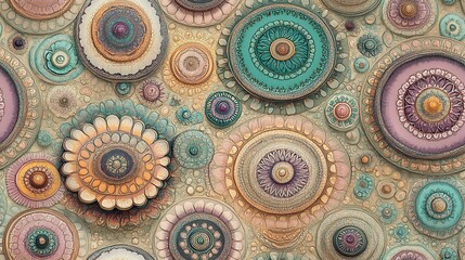 Fototapeta premium A pastel mandala pattern with intricate circular designs in muted lavender, blush pink, and soft teal, set against a light cream background,